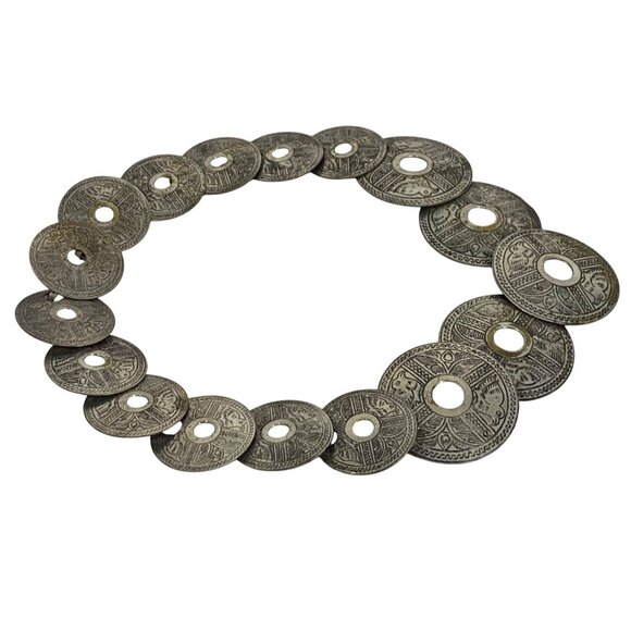 Raven Bird Tribal Style Silver Tone Engraved Disc Bib Statement Necklace 16" - Picture 3 of 7